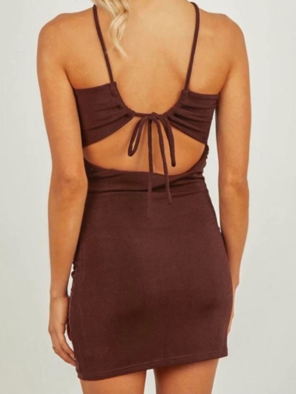 NEW Brown Fitted Mini Dress Cross Halter Neck Open Back Tie Pepper Mayo